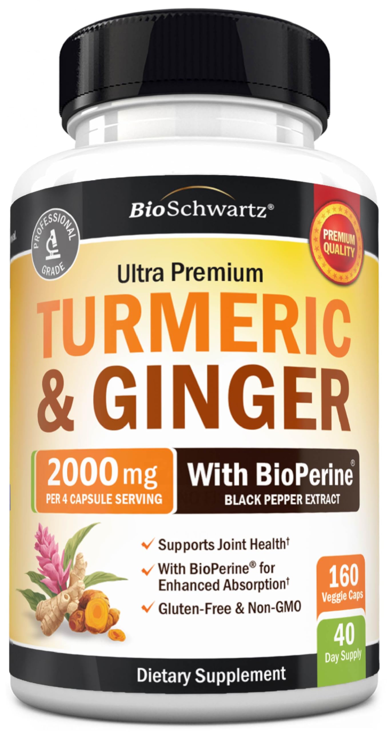 BioSchwartz turmeric ginger bottle showcases premium formula for daily joint comfort.