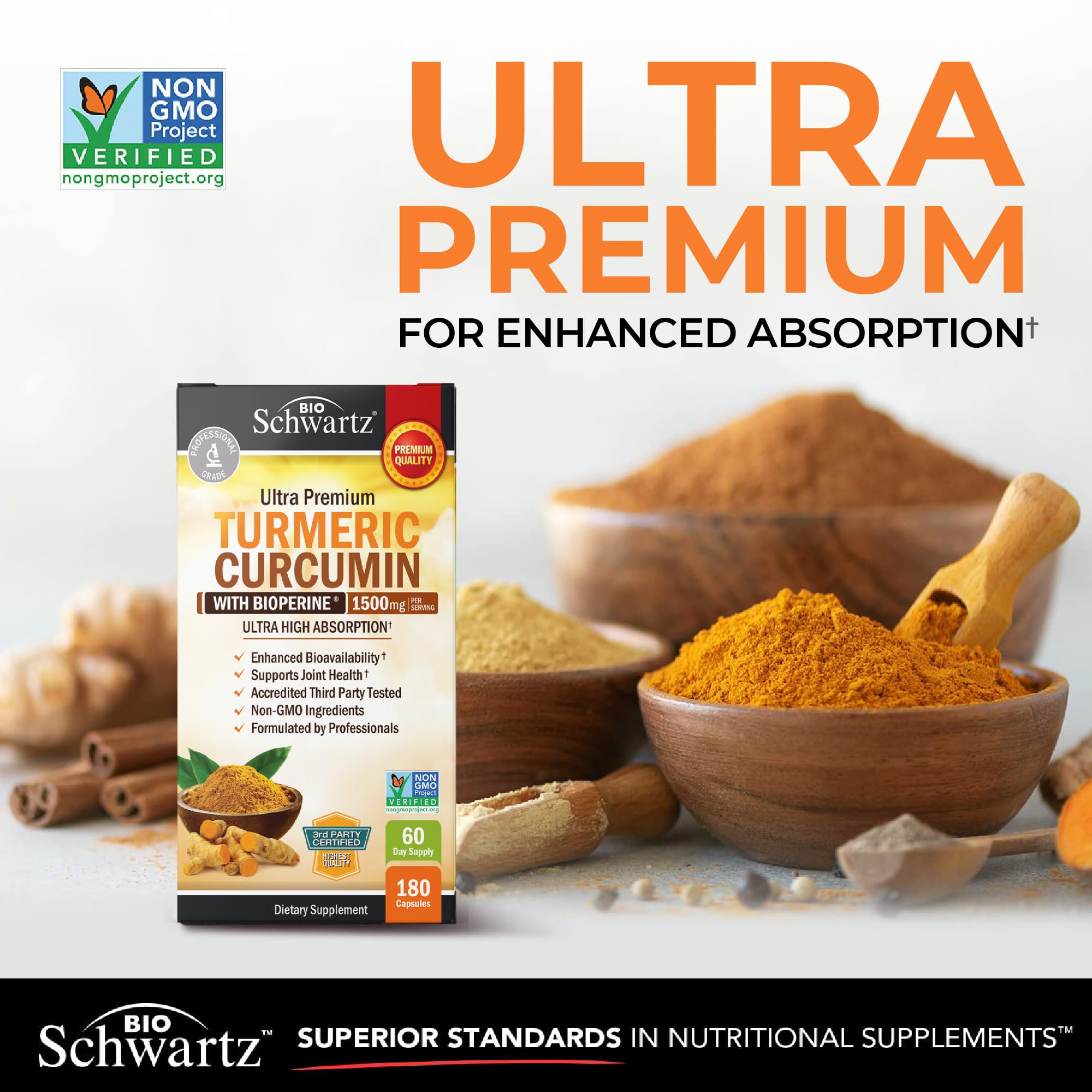 BioSchwartz vegan non-GMO ingredients banner highlights clean turmeric formula.