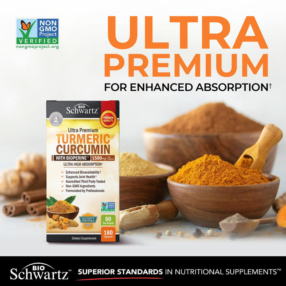 BioSchwartz vegan non-GMO ingredients banner highlights clean turmeric formula.