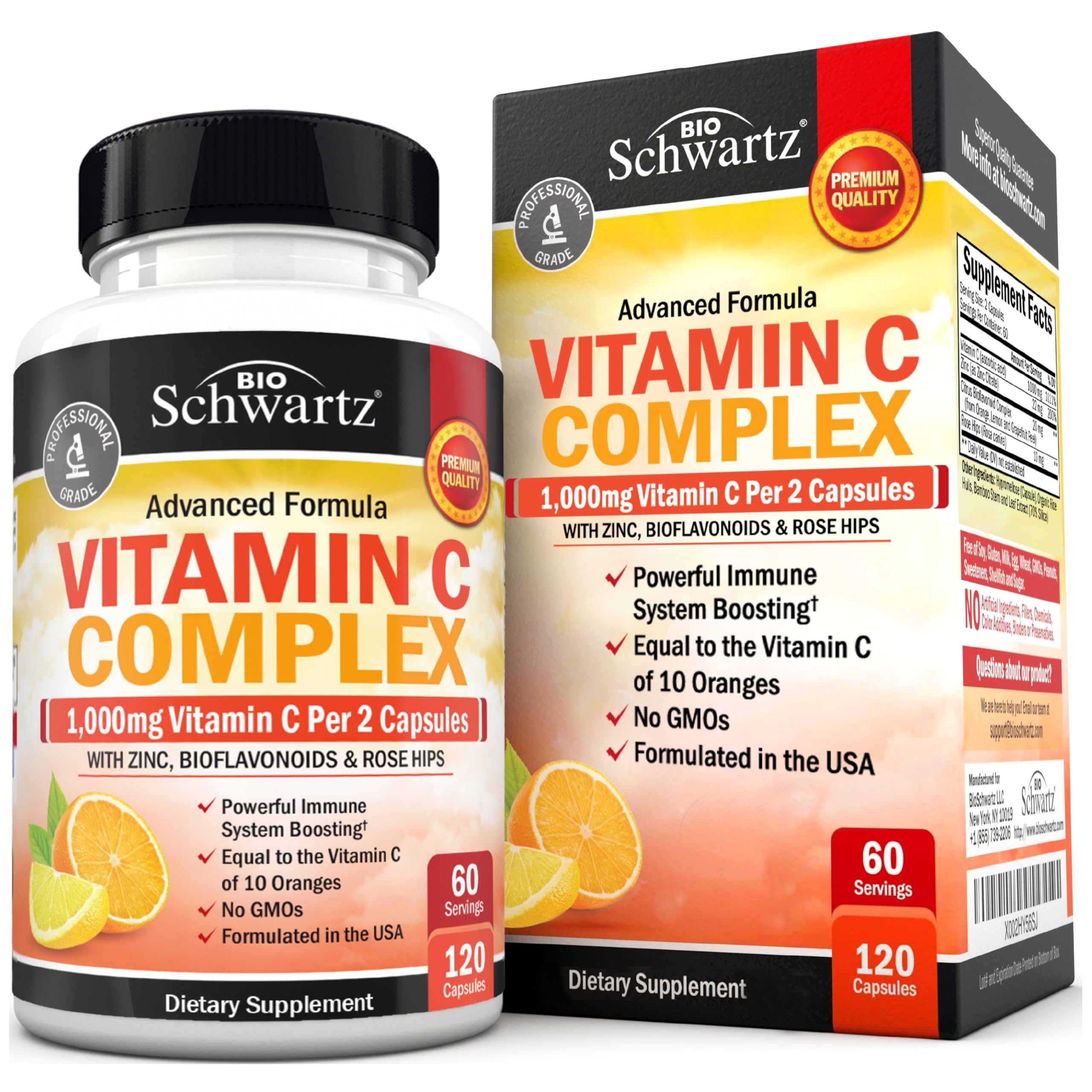 BioSchwartz Vitamin C Complex 1000mg bottle with rose hips and citrus bioflavonoids