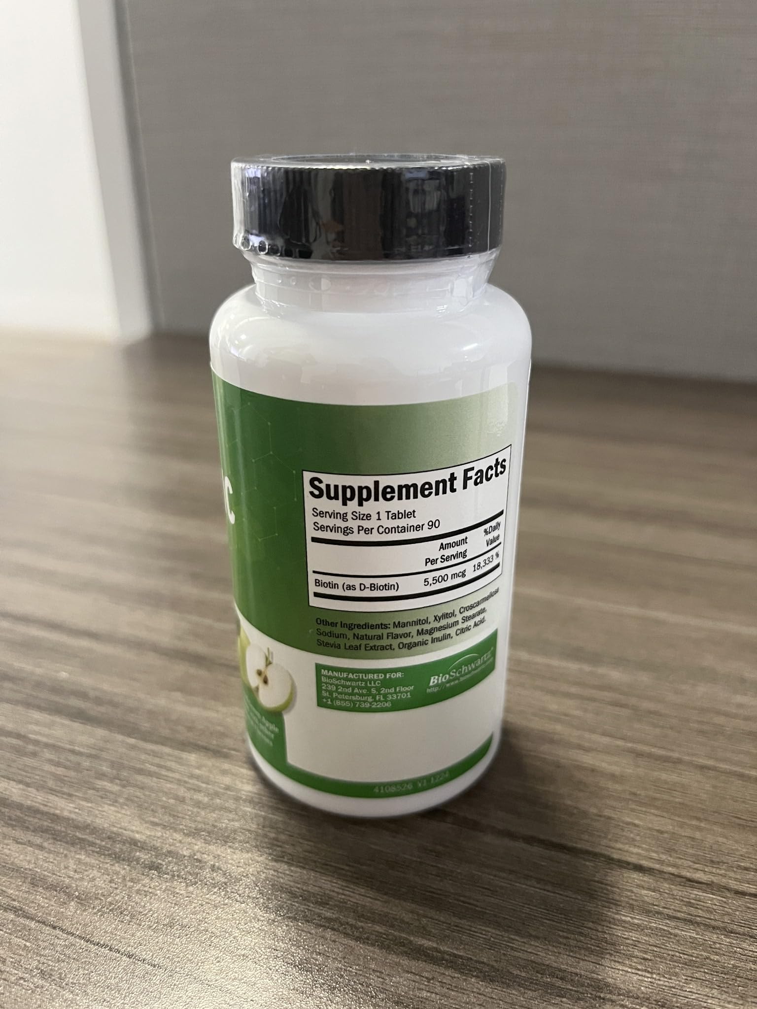 Side view of BioSchwartz Bariatric Biotin Chewables green apple packaging
