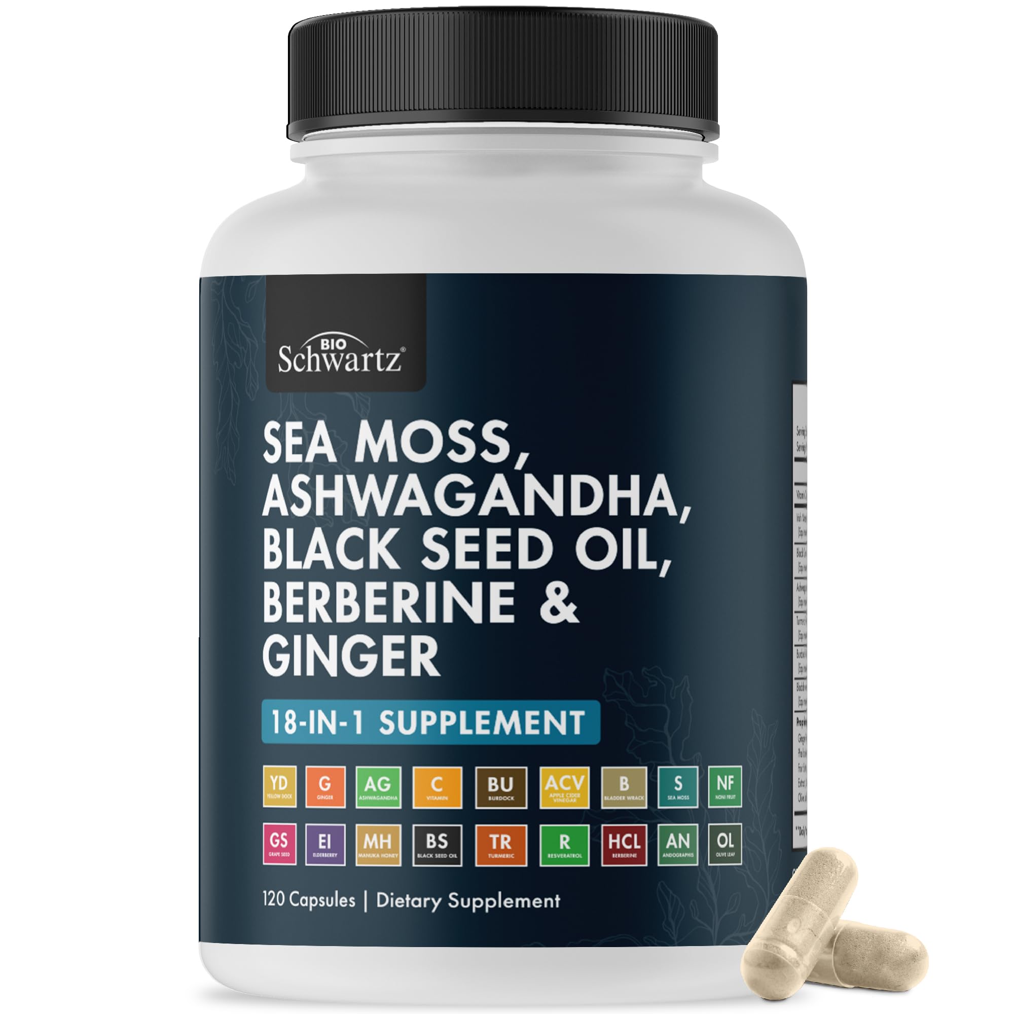 BioSchwartz Sea Moss and Black Seed Oil Ashwagandha Ginger Capsules (120 CT)