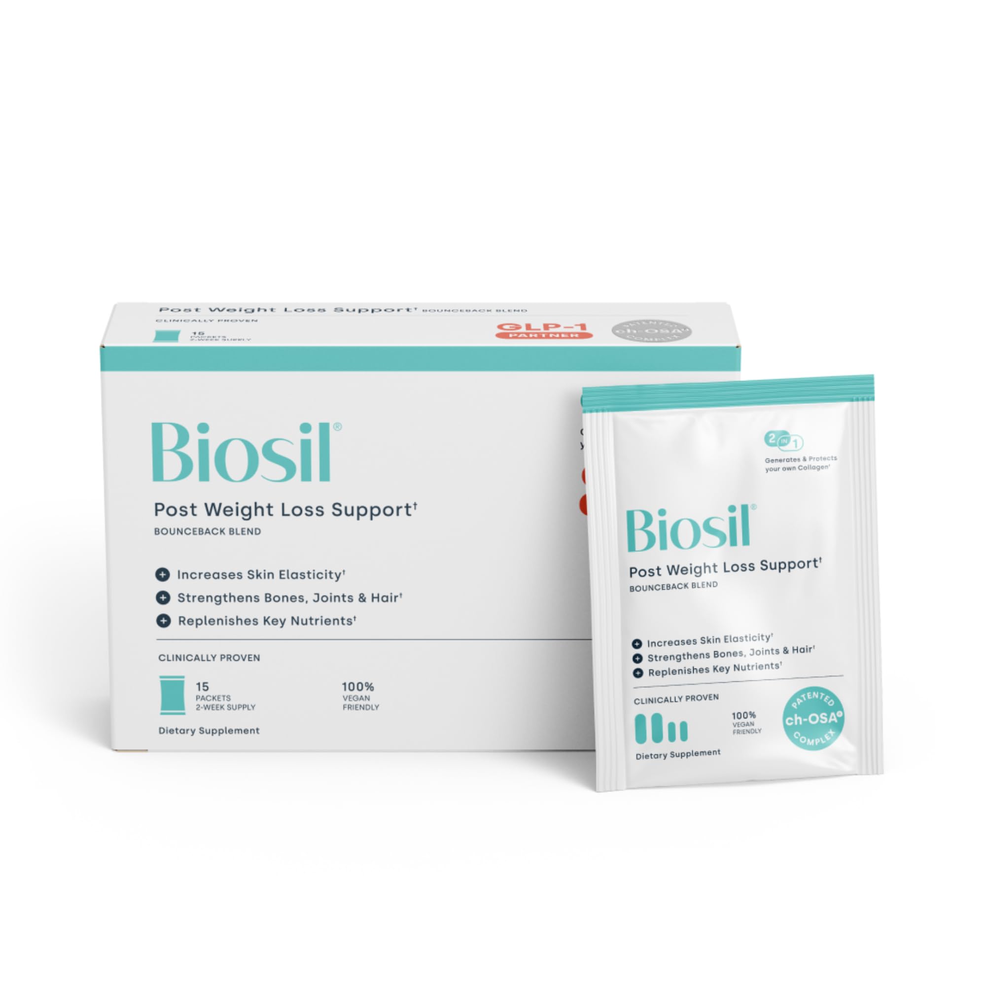 Biosil BounceBack bottle closeup emphasizes skin elasticity and joint support.