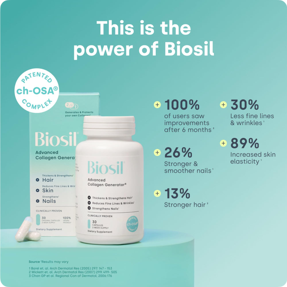 Two Biosil Collagen Booster bottles showing 120 capsules in total