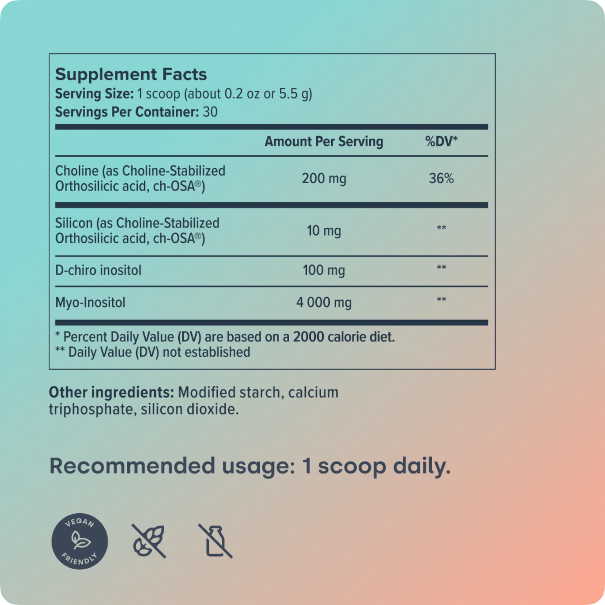 Ingredient panel and nutritional facts for Biosil HerHarmony.