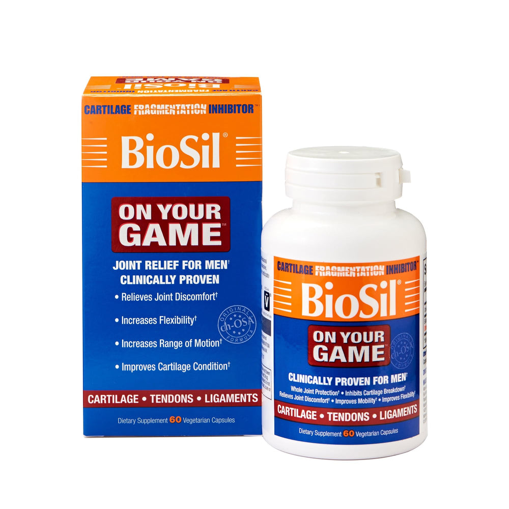 Biosil On Your Game bottle and capsules on white background