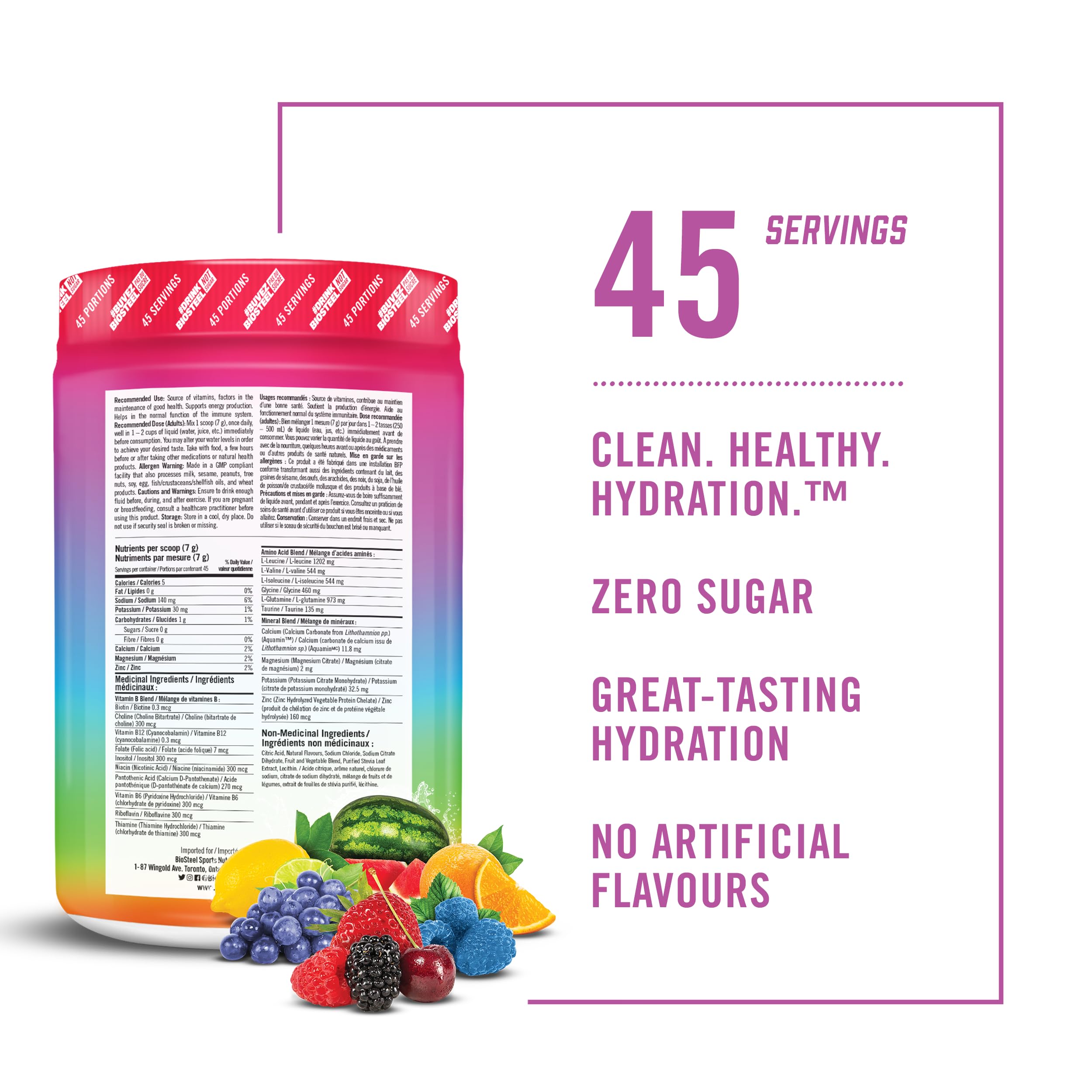 BIOSTEEL Rainbow Twist Hydration Mix 315 g back nutrition label