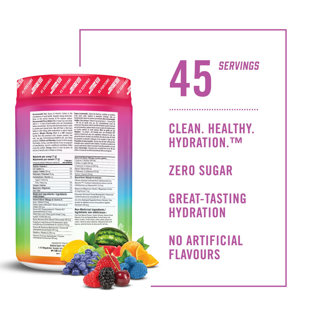 BIOSTEEL Rainbow Twist Hydration Mix 315 g back nutrition label