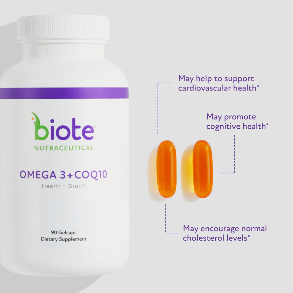 Bottle with dosage information for Omega 3 CoQ10