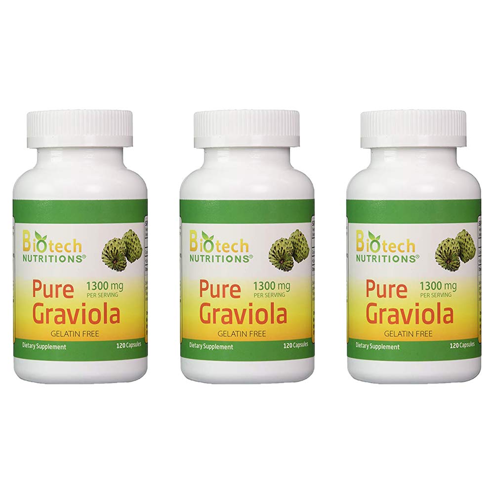 Biotech Nutritions Graviola 100% Pure bottle with 120 capsules (1300mg per serving) - 3-Pack