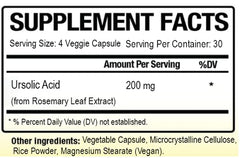 Ursolic Acid 200 mg bottle label - Made in USA, Non-GMO, GMP