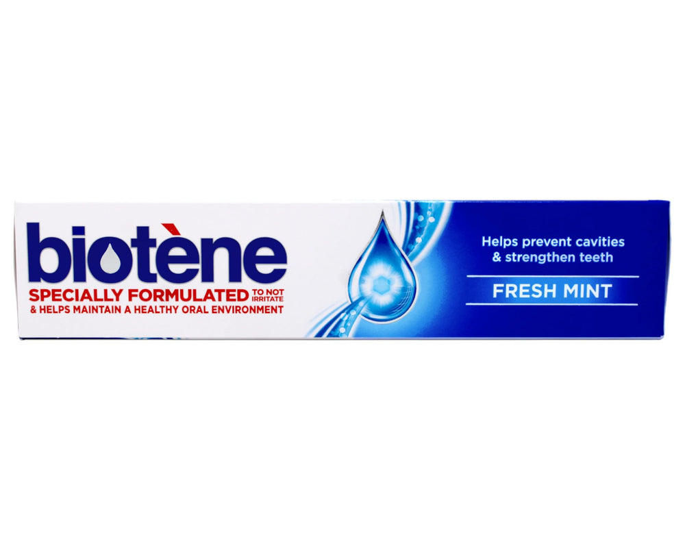 Close-up of Biotene label on toothpaste tube