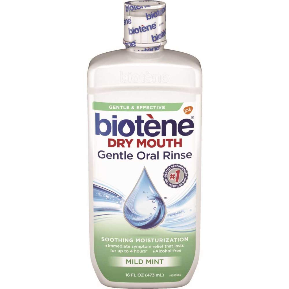 Biotène Dry Mouth Gentle Oral Rinse label with moisturizers and mint flavor