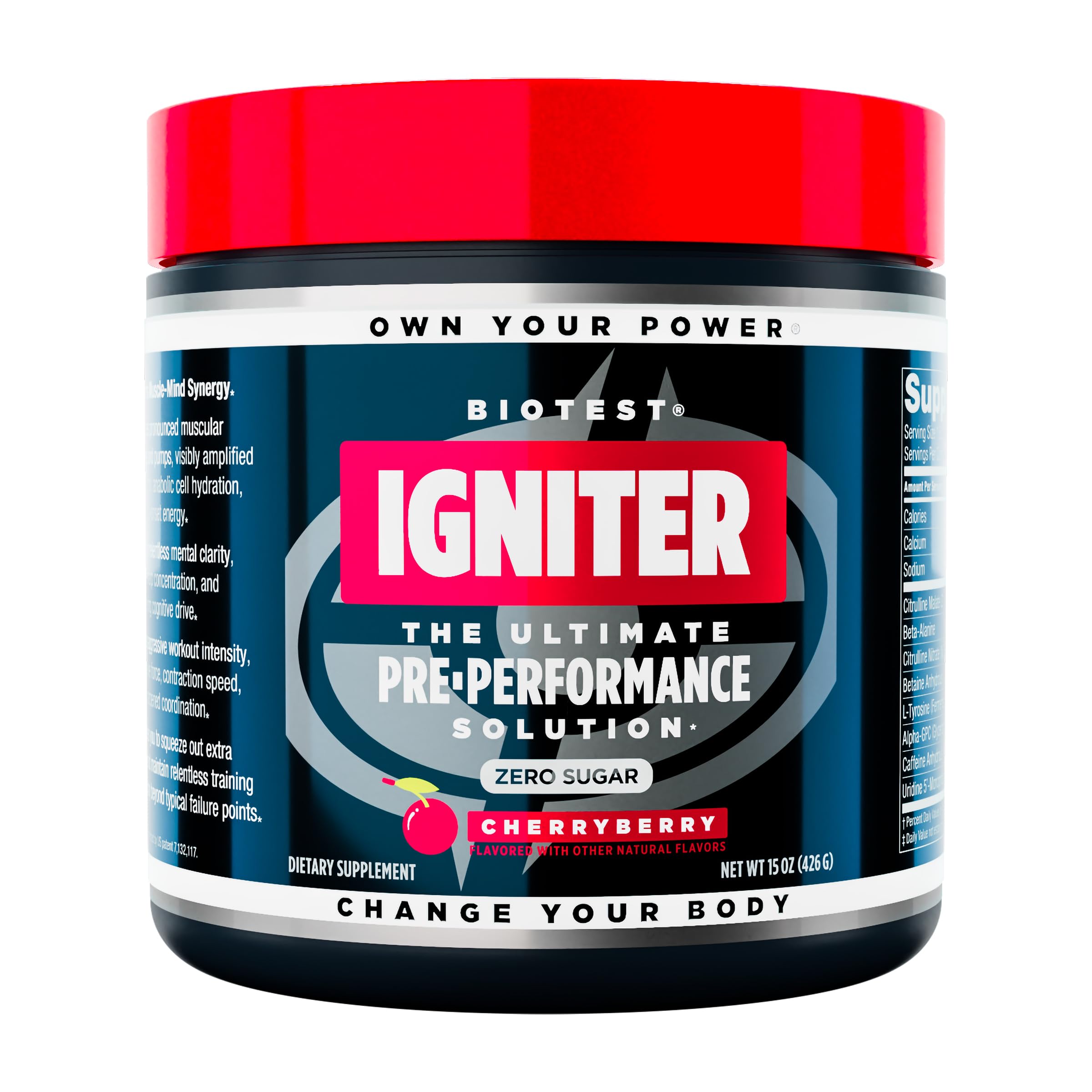 Biotest Igniter tub front with CherryBerry label for a potent pre-workout energy boost
