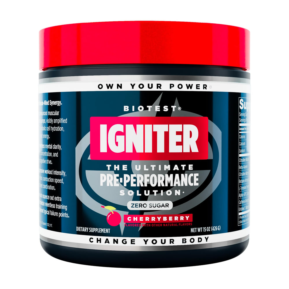 Biotest Igniter tub front with CherryBerry label for a potent pre-workout energy boost