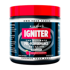 Biotest Igniter tub front with CherryBerry label for a potent pre-workout energy boost