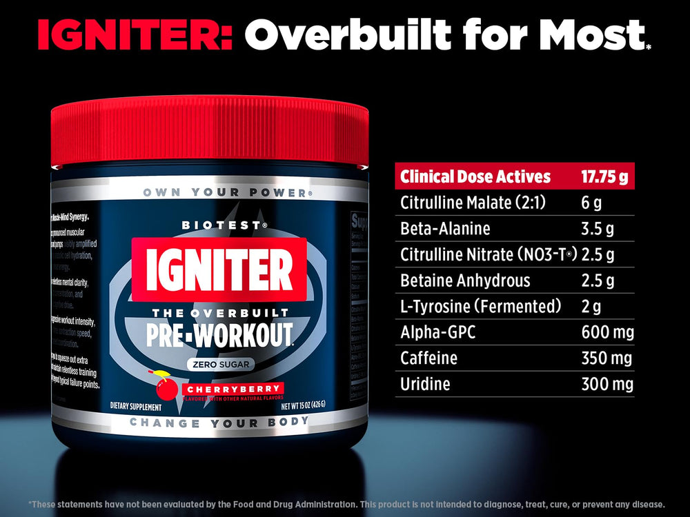 Biotest Igniter tub label detail highlighting ingredients for enhanced focus and endurance