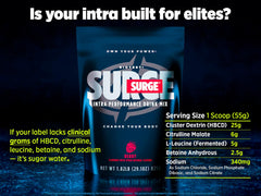 Biotest Surge Berry bottle side view highlighting convenient packaging for workouts