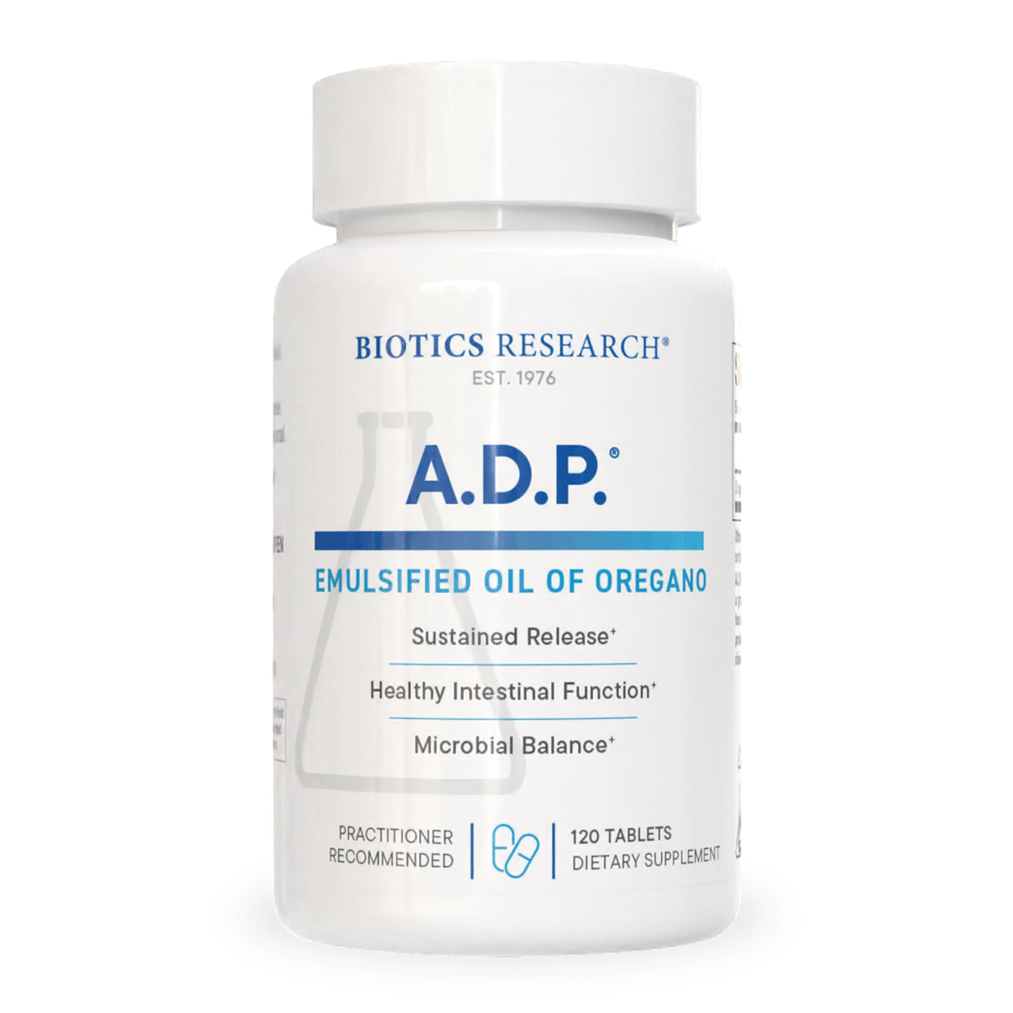 Front view of Biotics A.D.P. emulsified oregano oil tablets