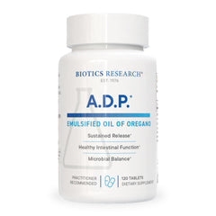 Front view of Biotics A.D.P. emulsified oregano oil tablets