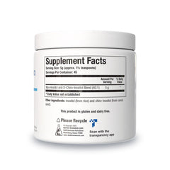 Back label with supplement facts for Biotics Balanced B8 Powder 8 oz