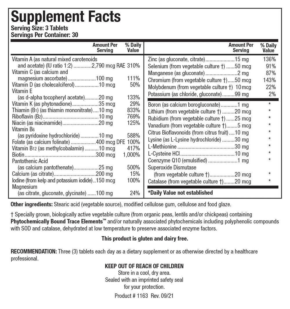 Chelated minerals in Biotics Bio-Multi Plus Iron Free formula