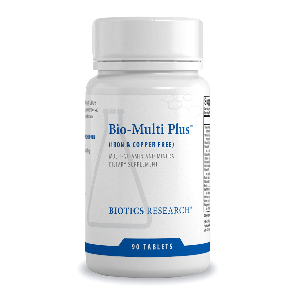 Label and bottle image of Biotics Bio-Multi Plus Iron Free multivitamin (90 tabs) front