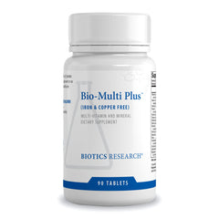 Label and bottle image of Biotics Bio-Multi Plus Iron Free multivitamin (90 tabs) front