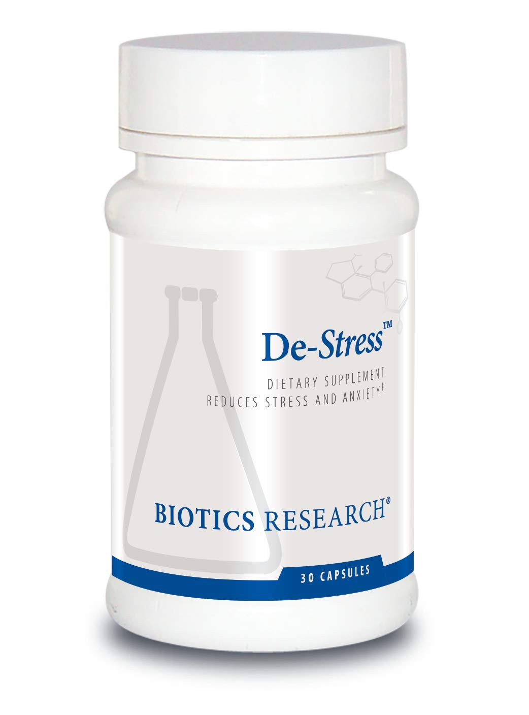 Biotics De-Stress bottle and label – 30 capsules