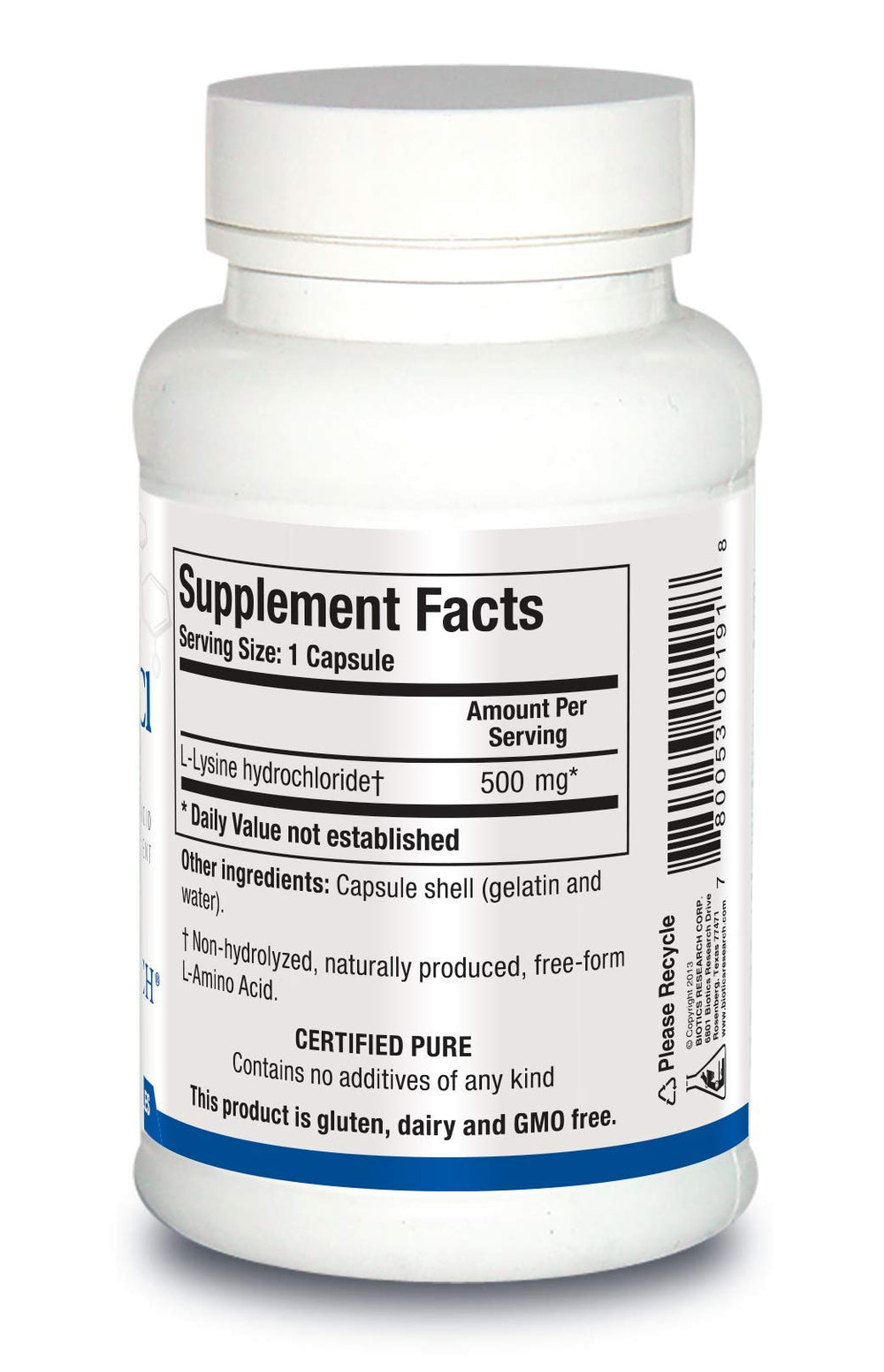 L-Lysine HCI packaging for Biotics Research supplement