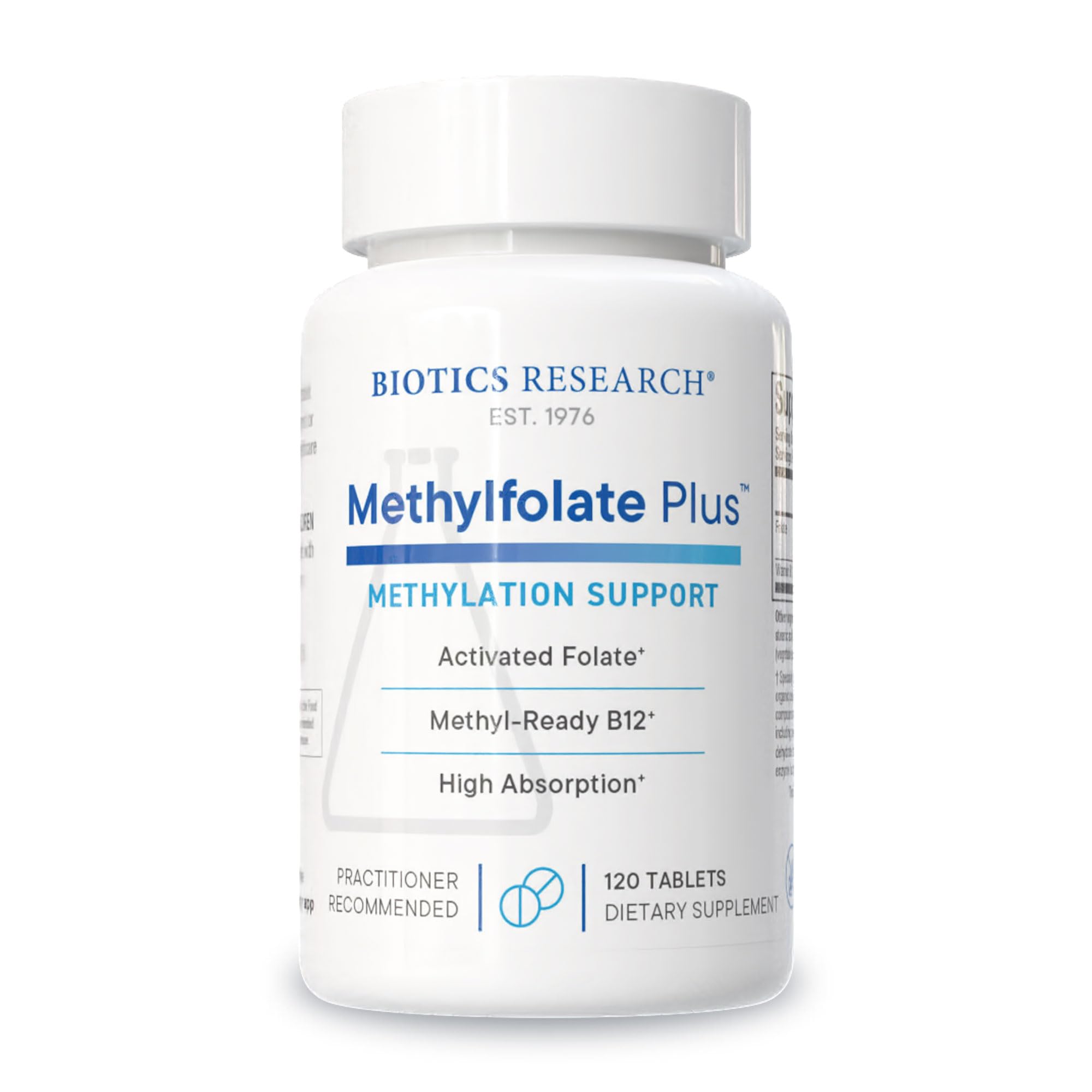 Biotics METHYLFOLATE Plus bottle front label – 120 tablets