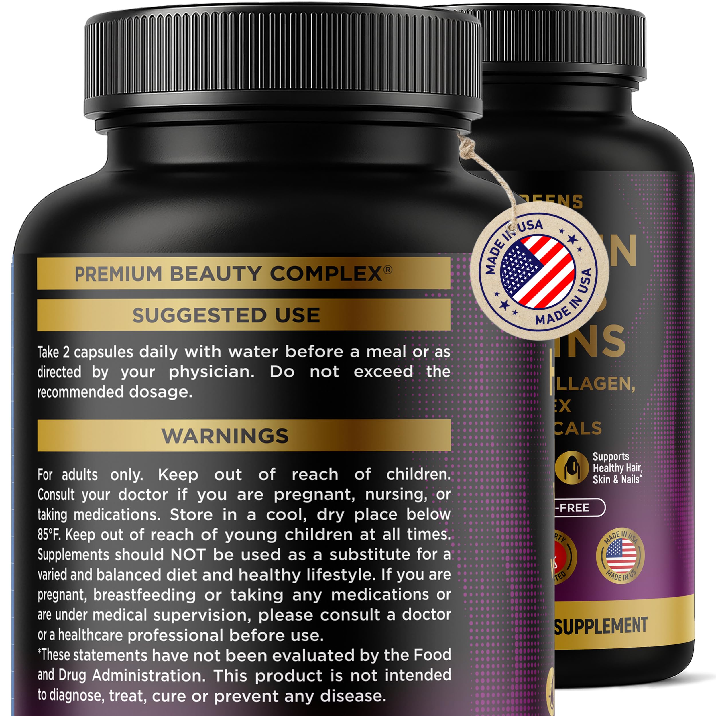 Biotin 10000 mcg, collagen and B-complex ingredients close up