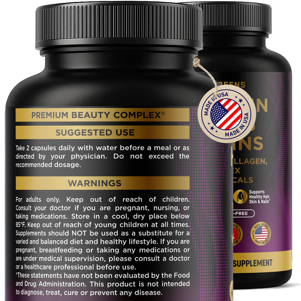 Biotin 10000 mcg, collagen and B-complex ingredients close up