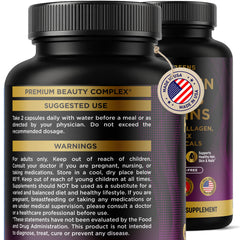 Biotin 10000 mcg, collagen and B-complex ingredients close up