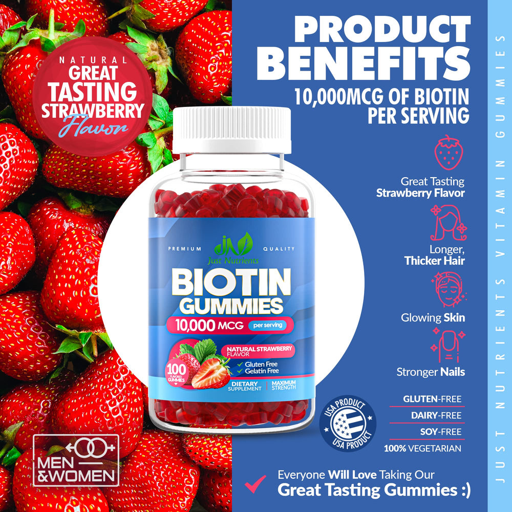 Label showing vegan, gluten-free, non-GMO claims for Biotin Gummies