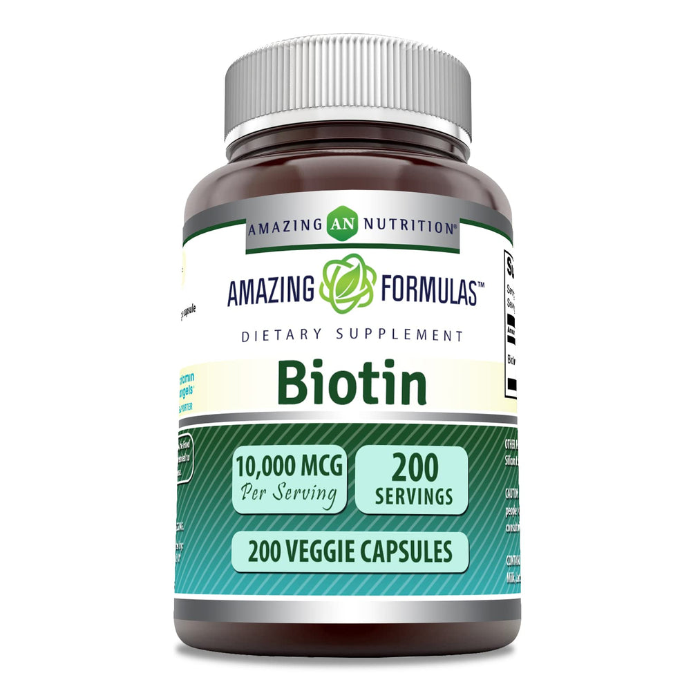 Front view of Amazing Formulas Biotin 10,000 mcg supplement bottle