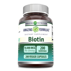 Front view of Amazing Formulas Biotin 10,000 mcg supplement bottle