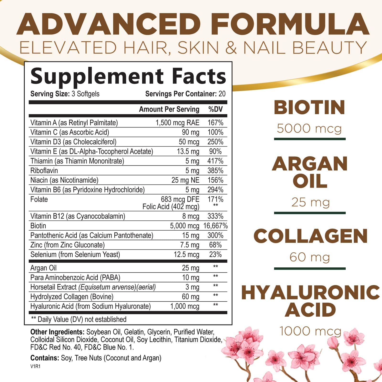 Biotin 5000mcg hair growth formula with collagen, argan oil, and hyaluronic acid.