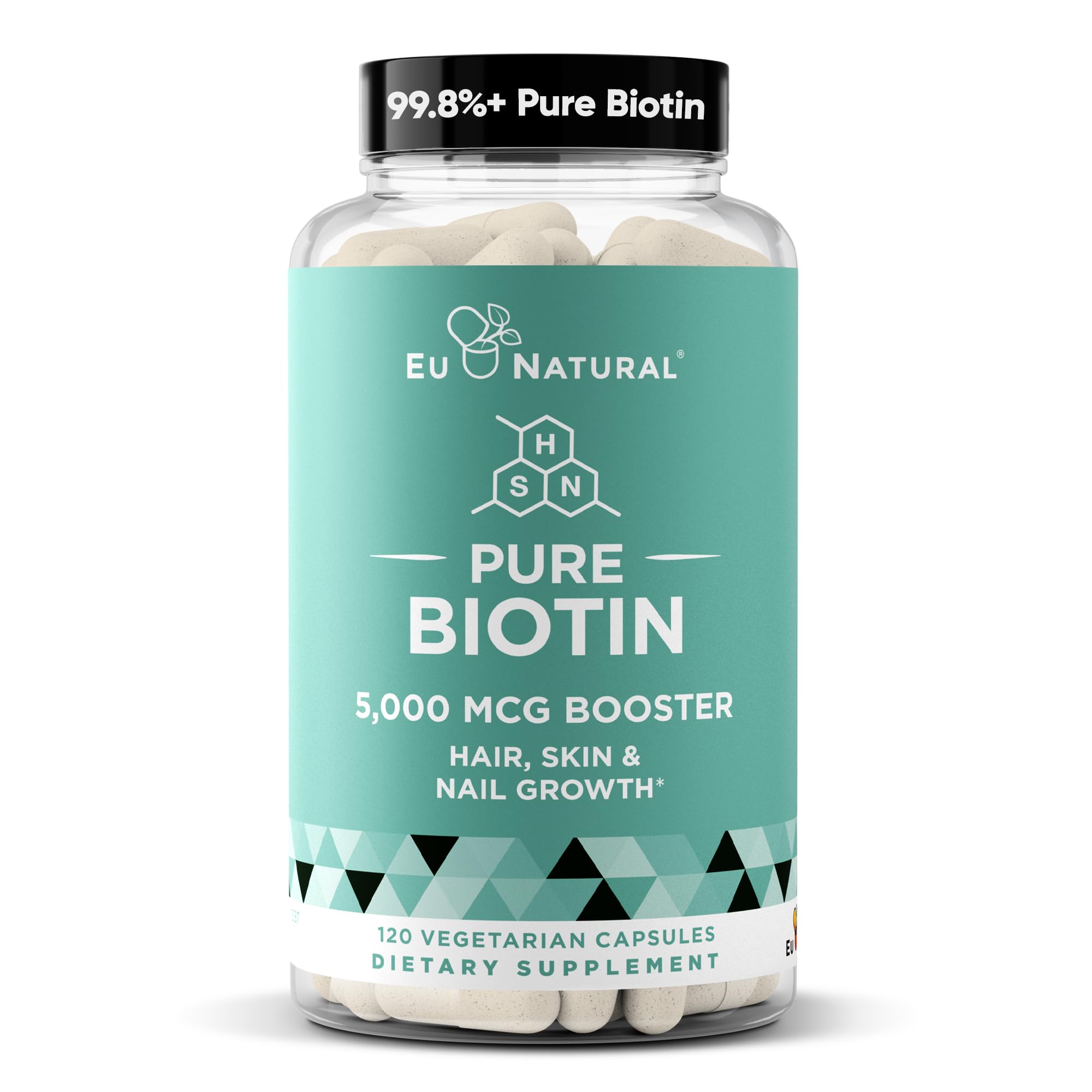 Biotin 5000 mcg hair skin nails supplement bottle on white background