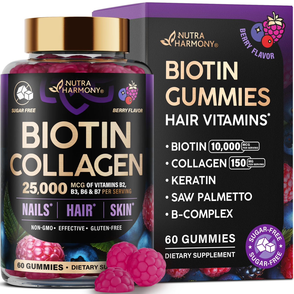 Front label of Biotin Gummies with Collagen bottle (mixed berry flavor).