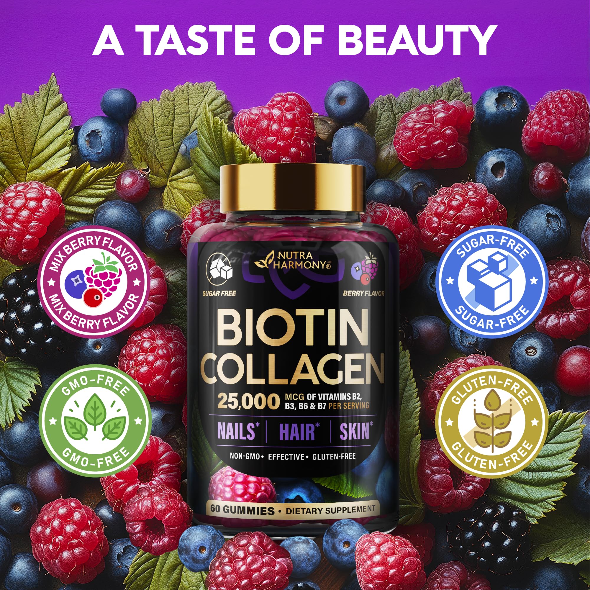 Nutrition facts panel for Biotin Gummies with Collagen (mixed berry).