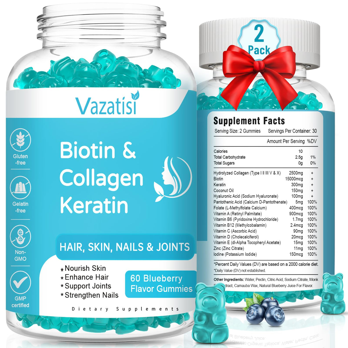 2 pack Biotin Gummies with Collagen & Keratin in blueberry flavor
