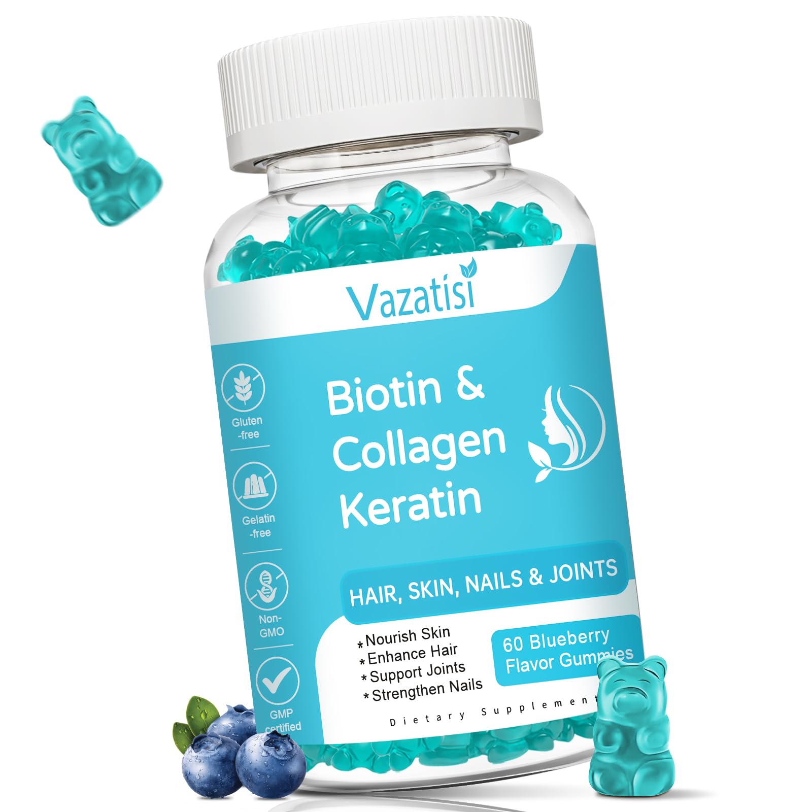 Bottle of Vazatisi Biotin Gummies with Collagen and Keratin in Blueberry flavor