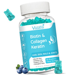 Bottle of Vazatisi Biotin Gummies with Collagen and Keratin in Blueberry flavor