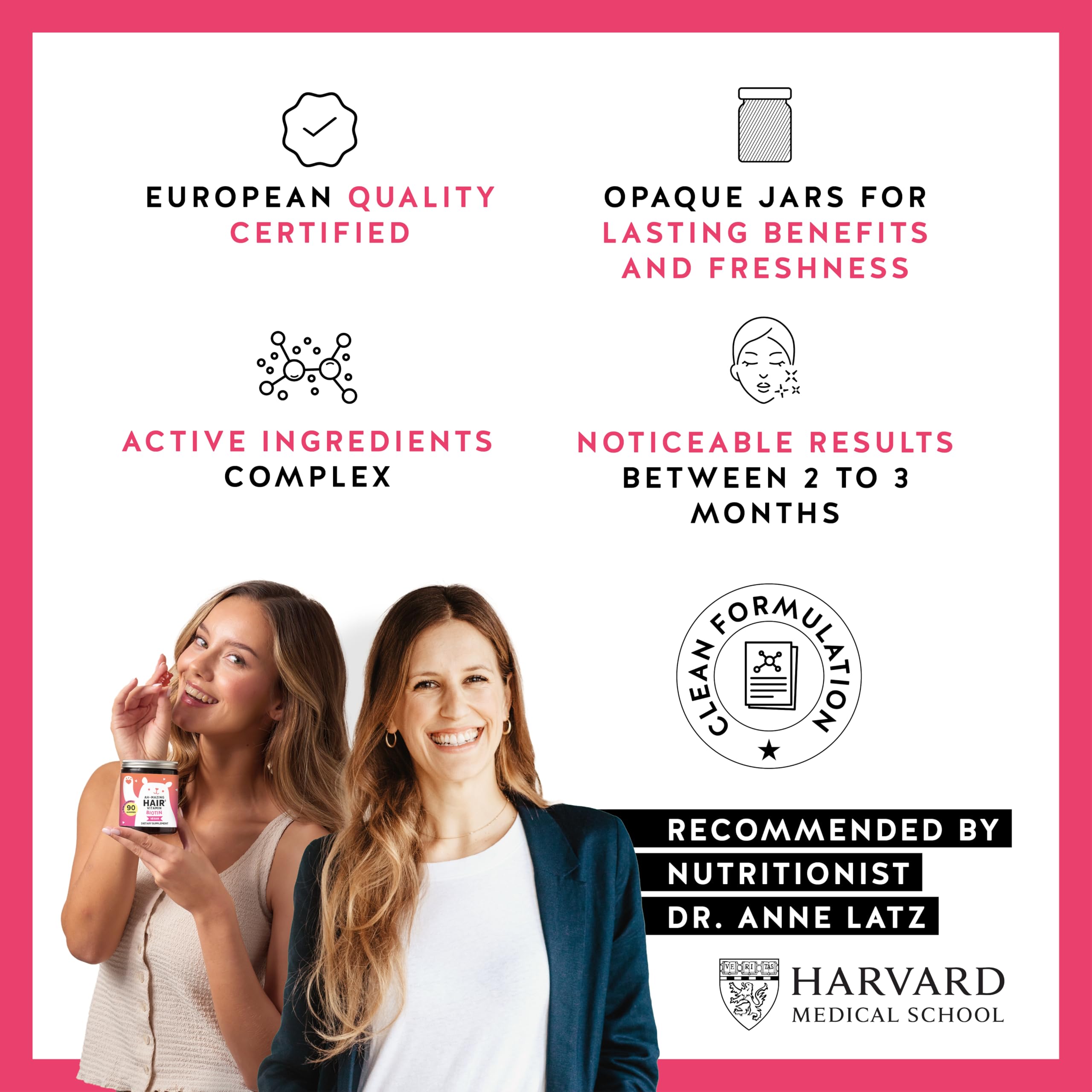 Label highlighting vitamins C & E and zinc on biotin gummies