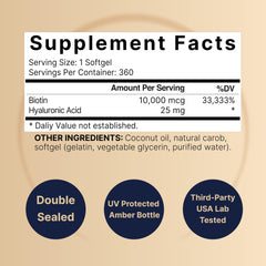 Close-up of Biotin + Hyaluronic Acid softgels showing smooth coating
