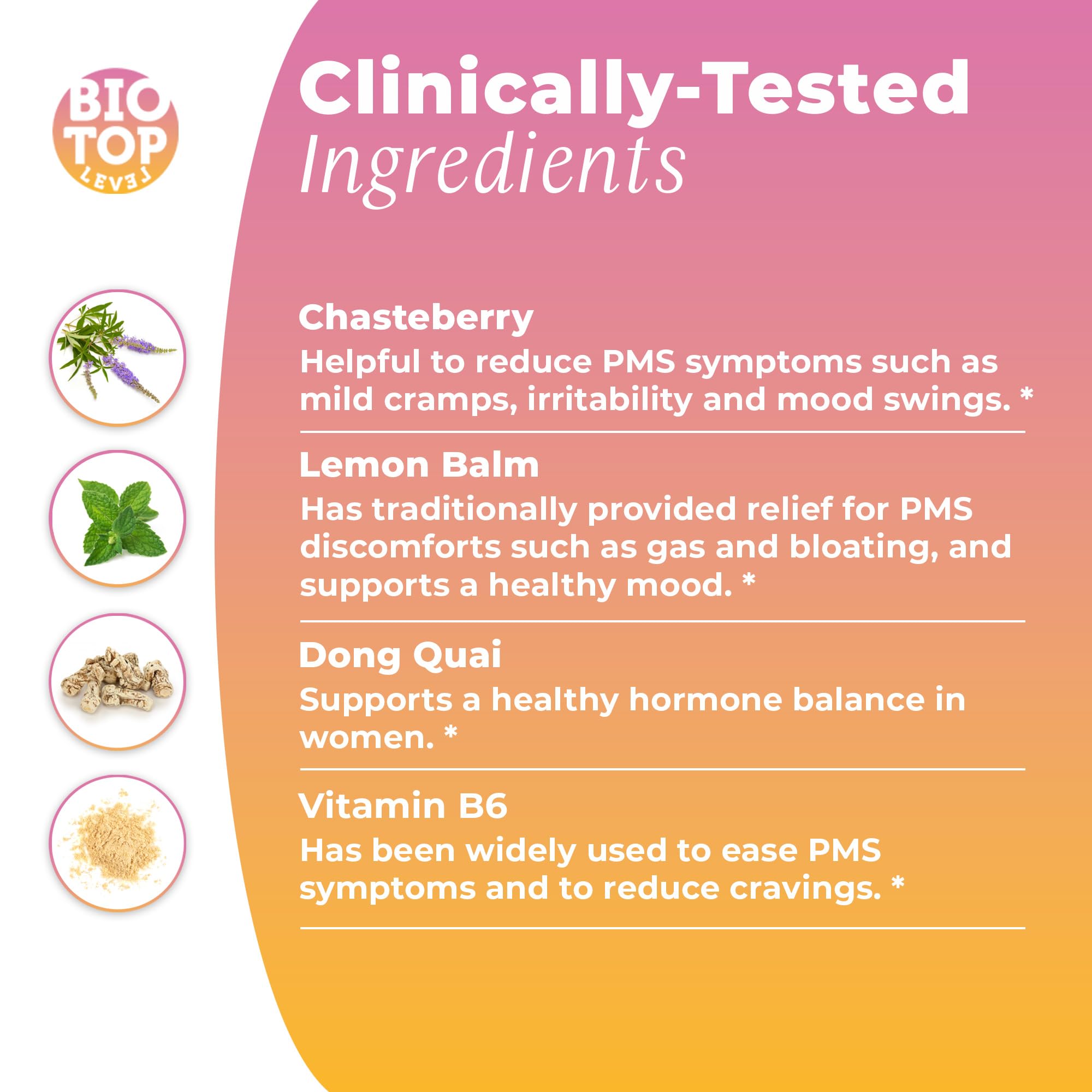 Graphic of ingredients: Chasteberry, Vitamin B6, Lemon Balm, Dong Quai