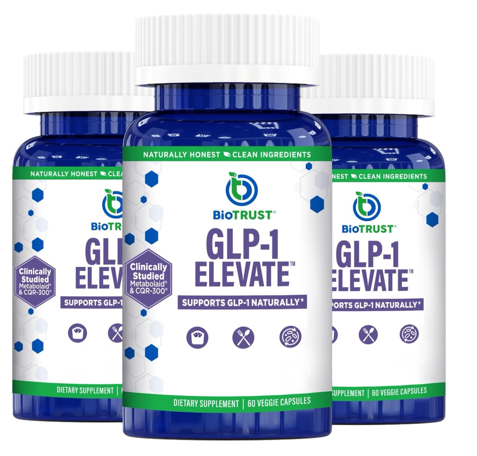 BioTrust GLP1 Elevate bottle front view highlighting metabolic health and cravings control.