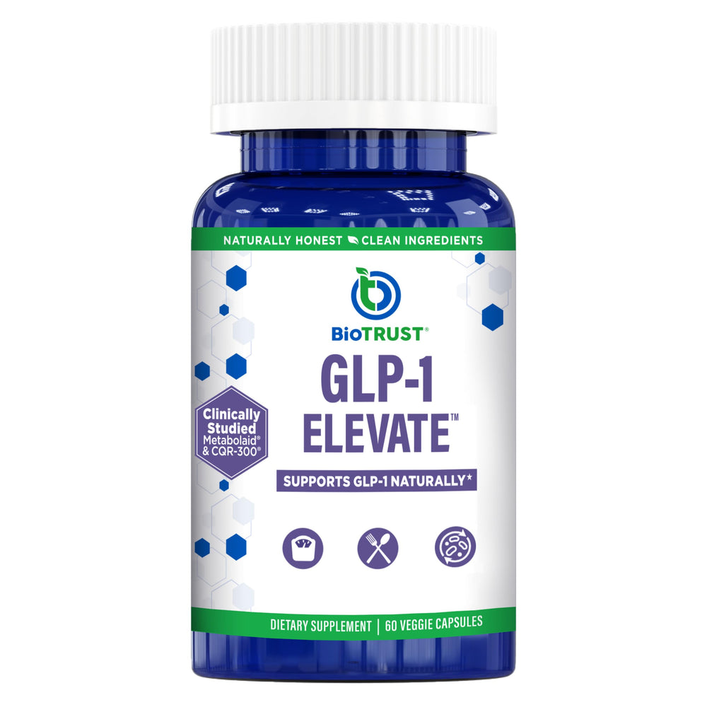 BioTrust GLP1 Elevate bottle front signaling daily appetite support.