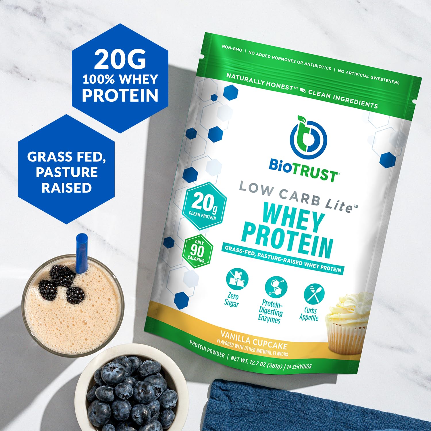 BioTrust Low Carb Lite grass-fed whey powder for clean muscle-supporting protein